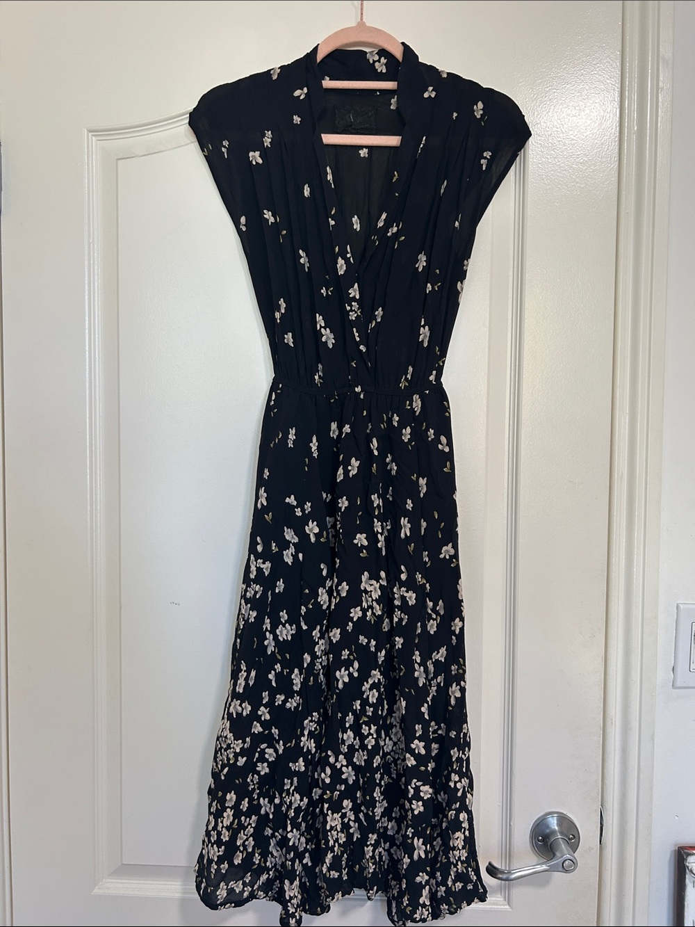 Black Floral Wrap-Style Midi Dress - Classic Women's Dress